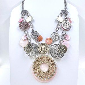 NWOT - Dusty Pink Jeweled Shell Pendant Two Tone Multi Strand 18” Necklace